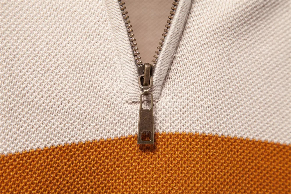 Half zip color block stickad sweater med ståkrage