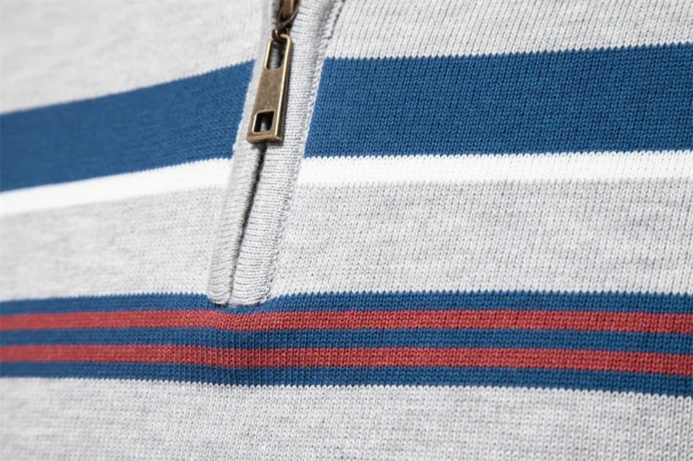 Half zip randig stickad sweater med ståkrage