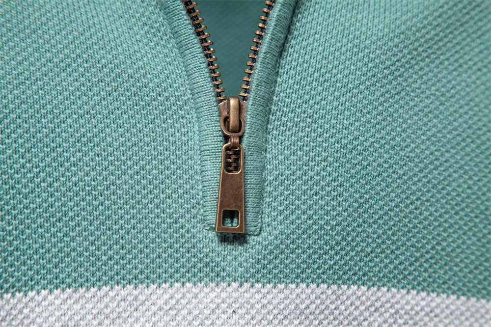 Half zip color block stickad sweater med ståkrage