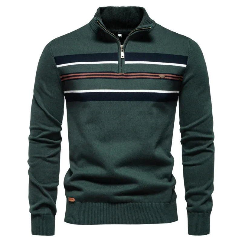 Half zip randig stickad sweater med ståkrage