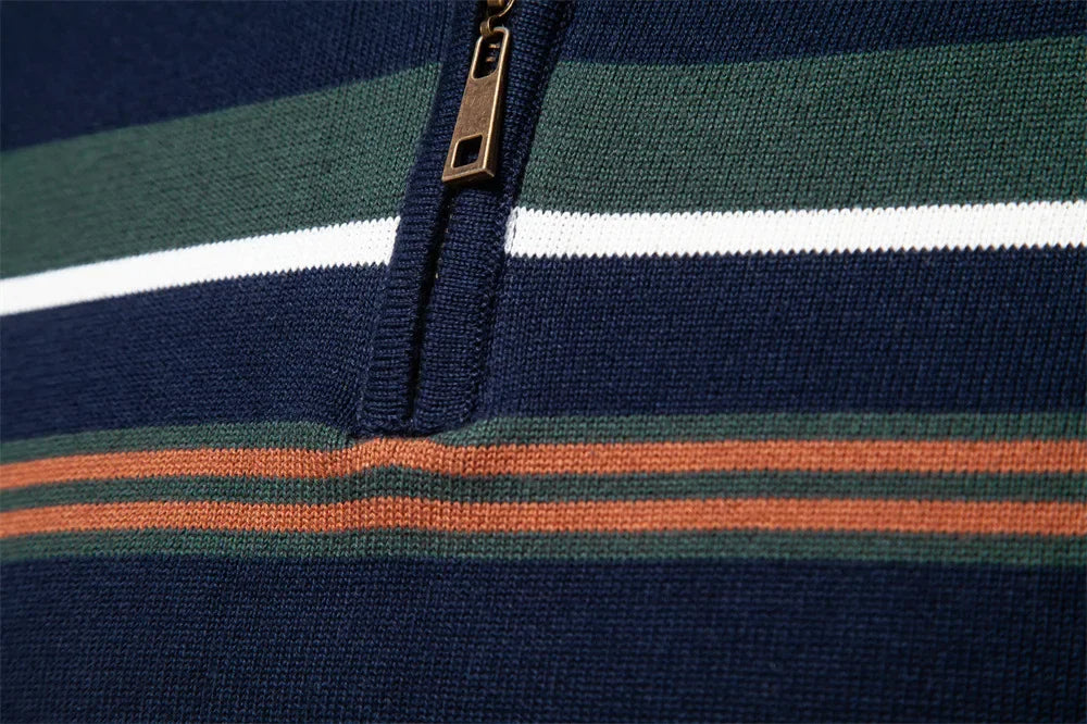 Half zip randig stickad sweater med ståkrage