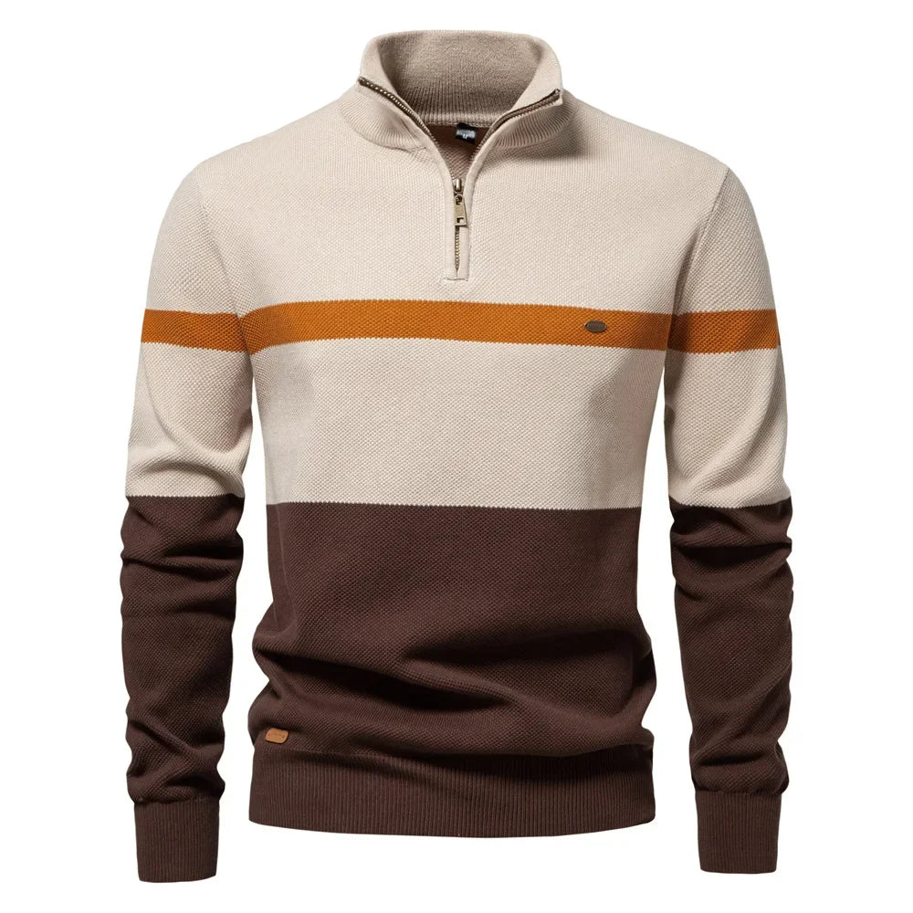 Half zip color block stickad sweater med ståkrage