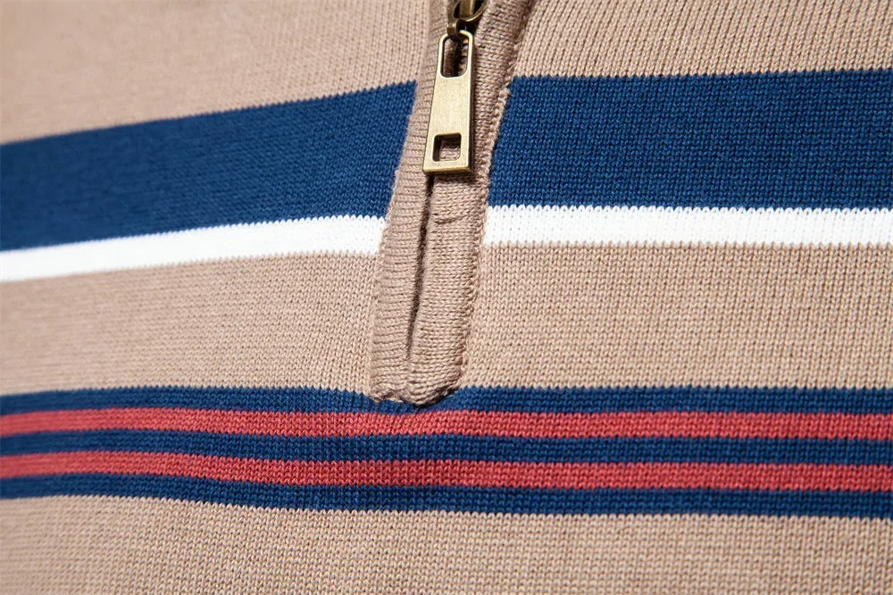 Half zip randig stickad sweater med ståkrage