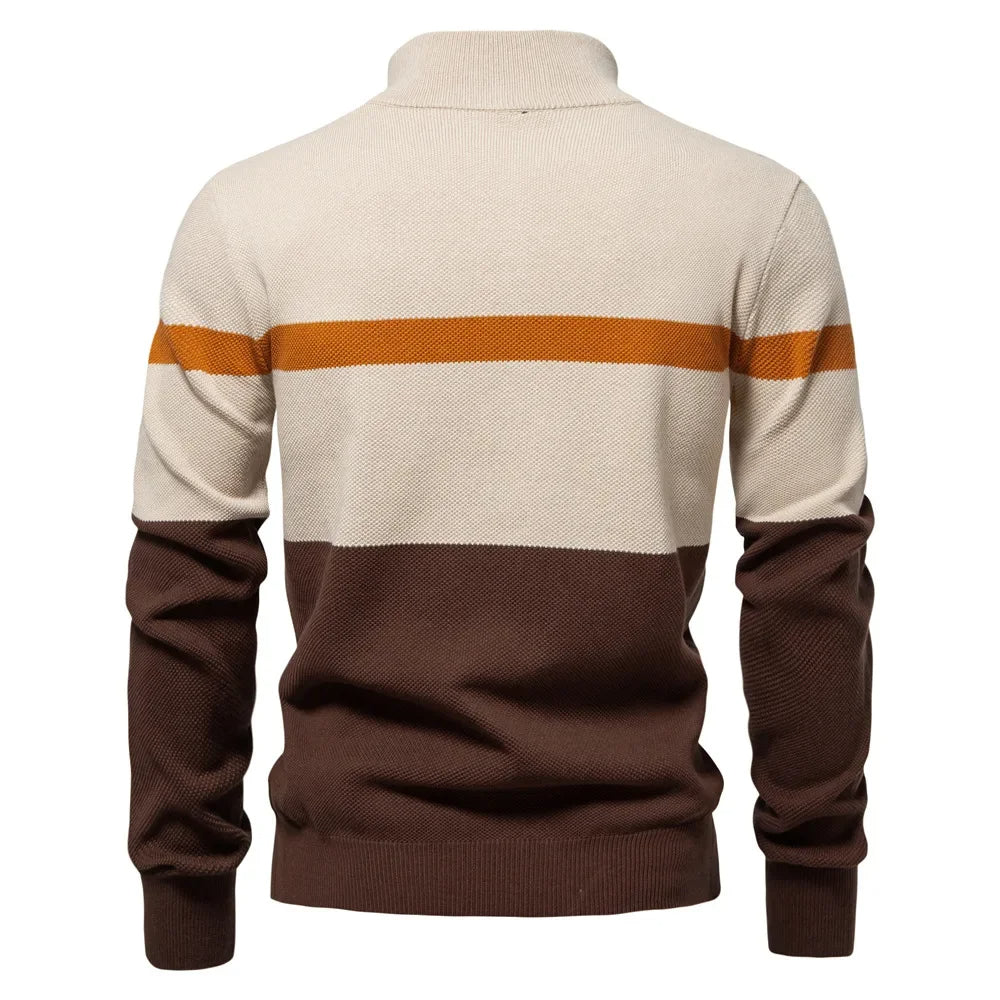 Half zip color block stickad sweater med ståkrage