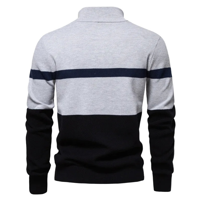 Half zip color block stickad sweater med ståkrage