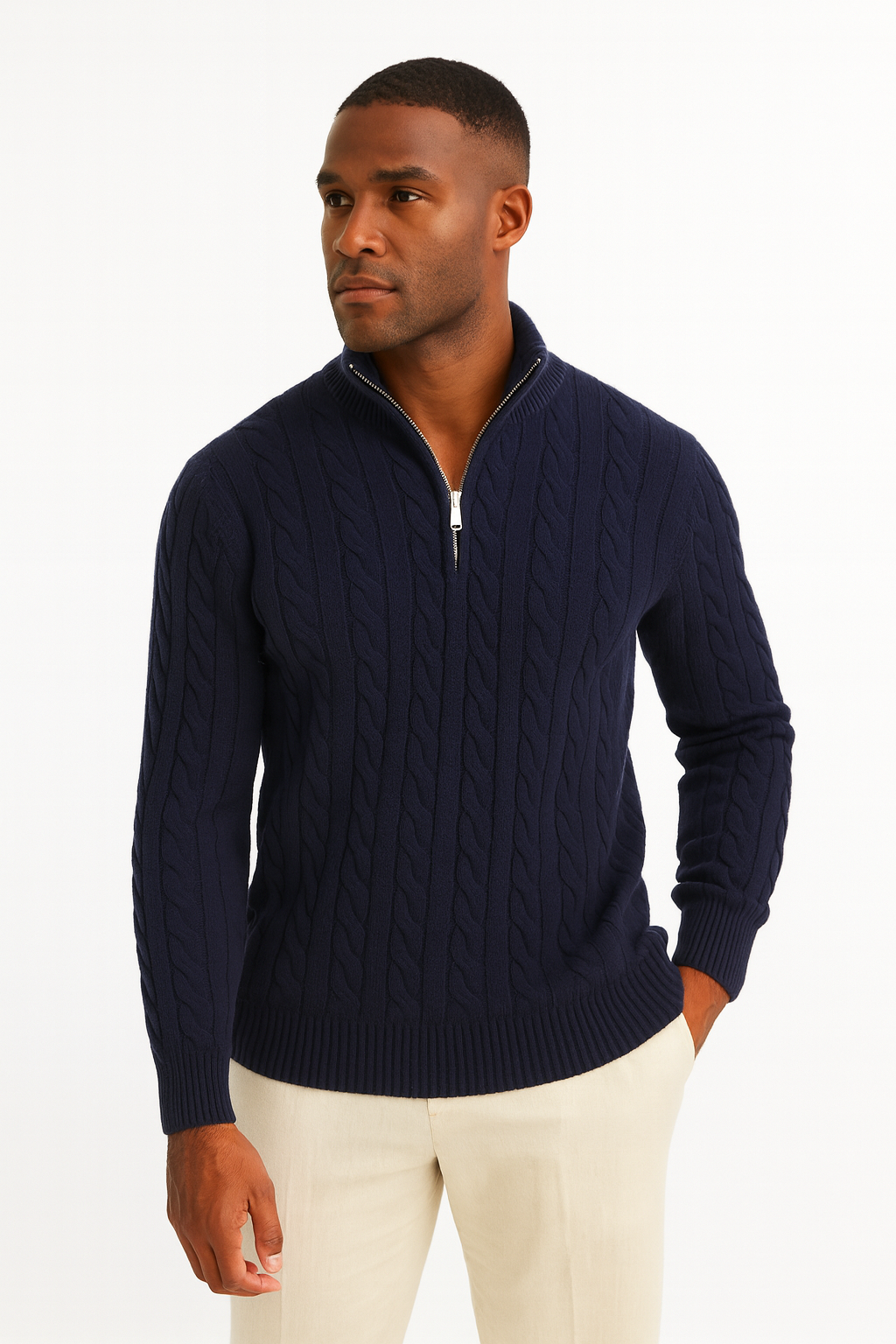 Cable knit cotton half zip sweater tröja