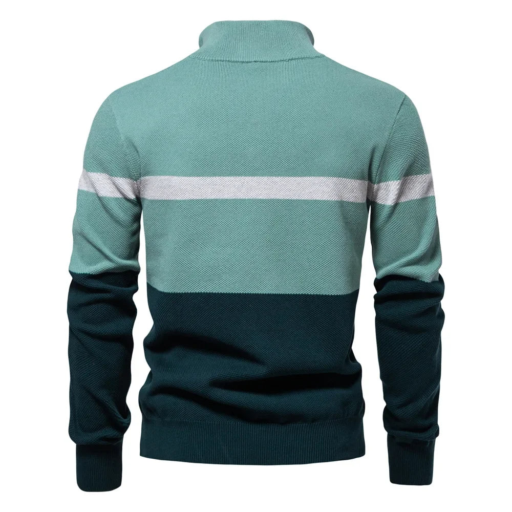 Half zip color block stickad sweater med ståkrage