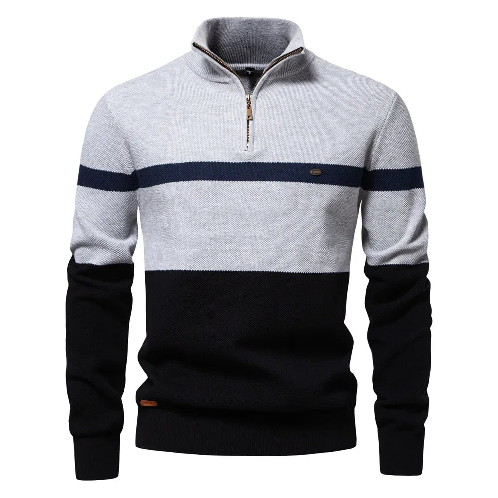 Half zip color block stickad sweater med ståkrage