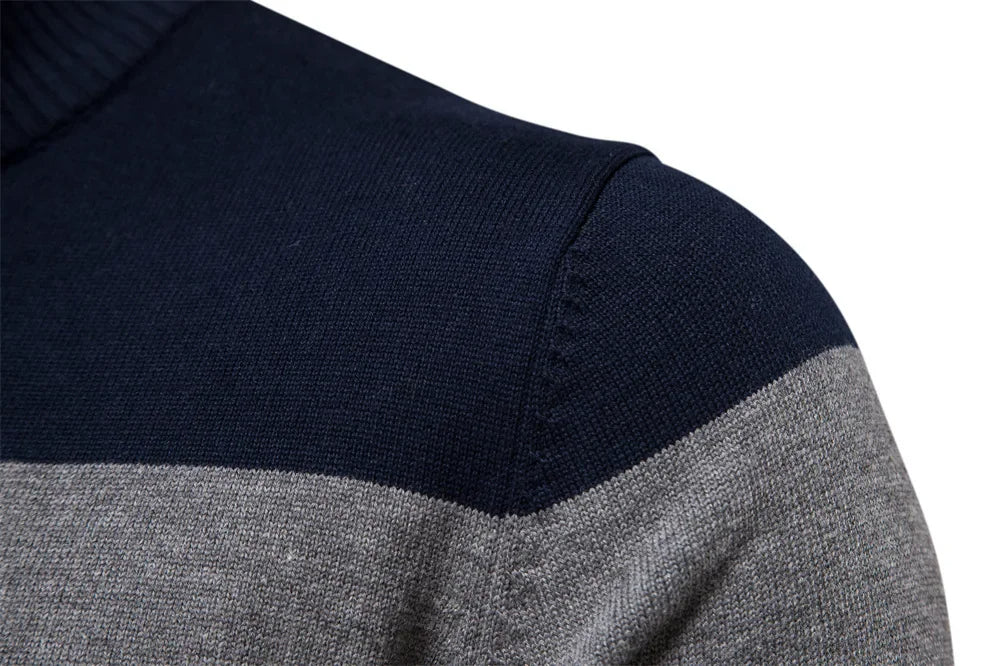 Half zip color block stickad sweater med ståkrage