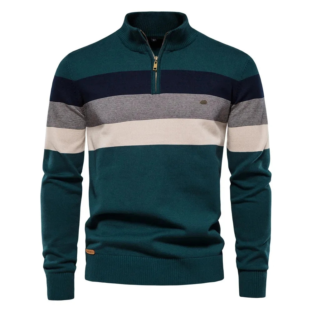 Half zip color block stickad sweater med ståkrage