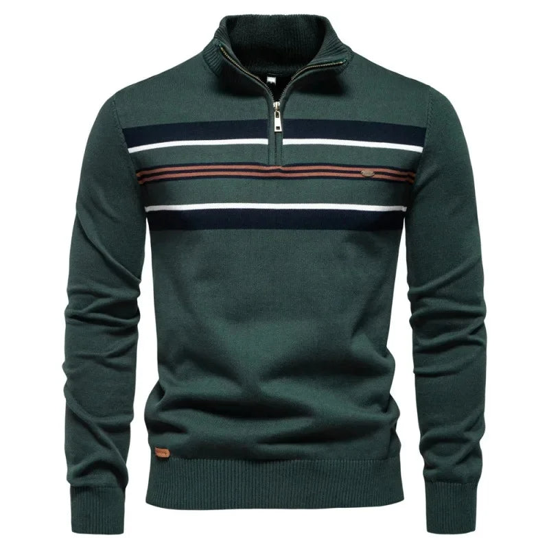 Half zip randig stickad sweater med ståkrage