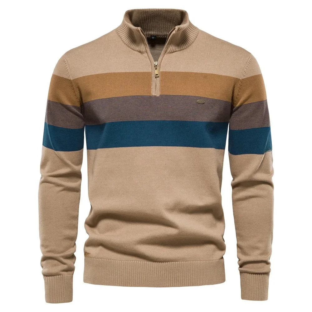 Half zip color block stickad sweater med ståkrage