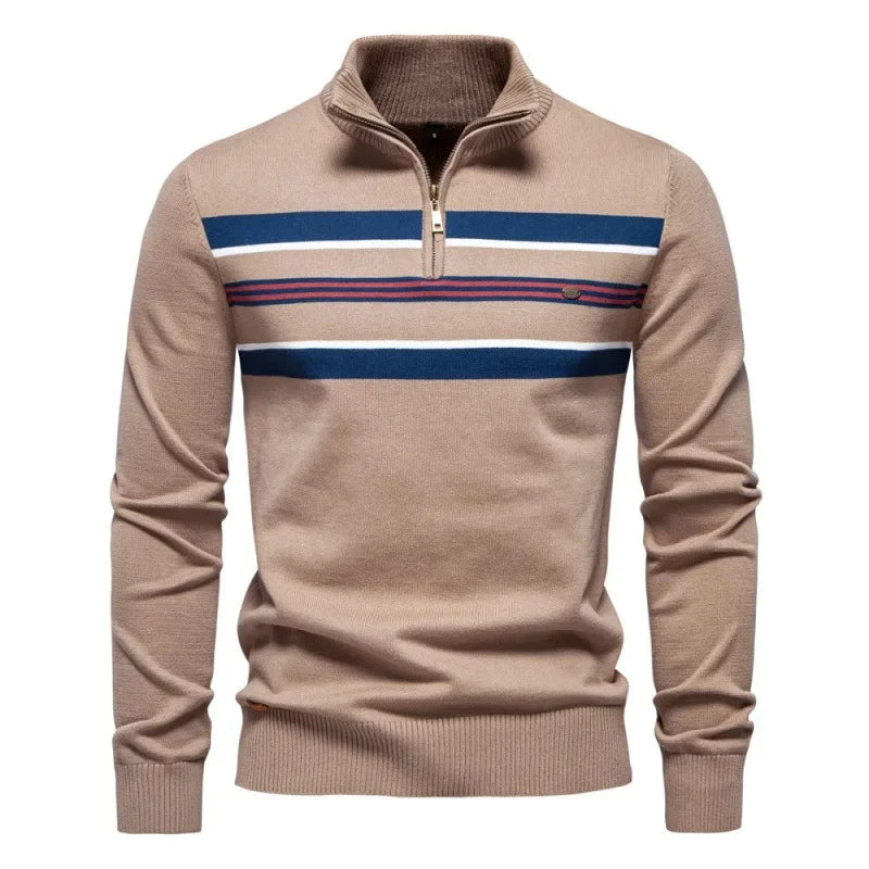 Half zip randig stickad sweater med ståkrage