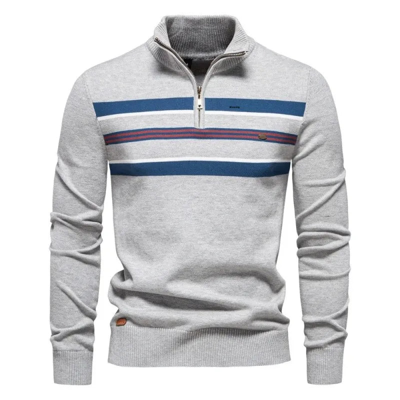 Half zip randig stickad sweater med ståkrage