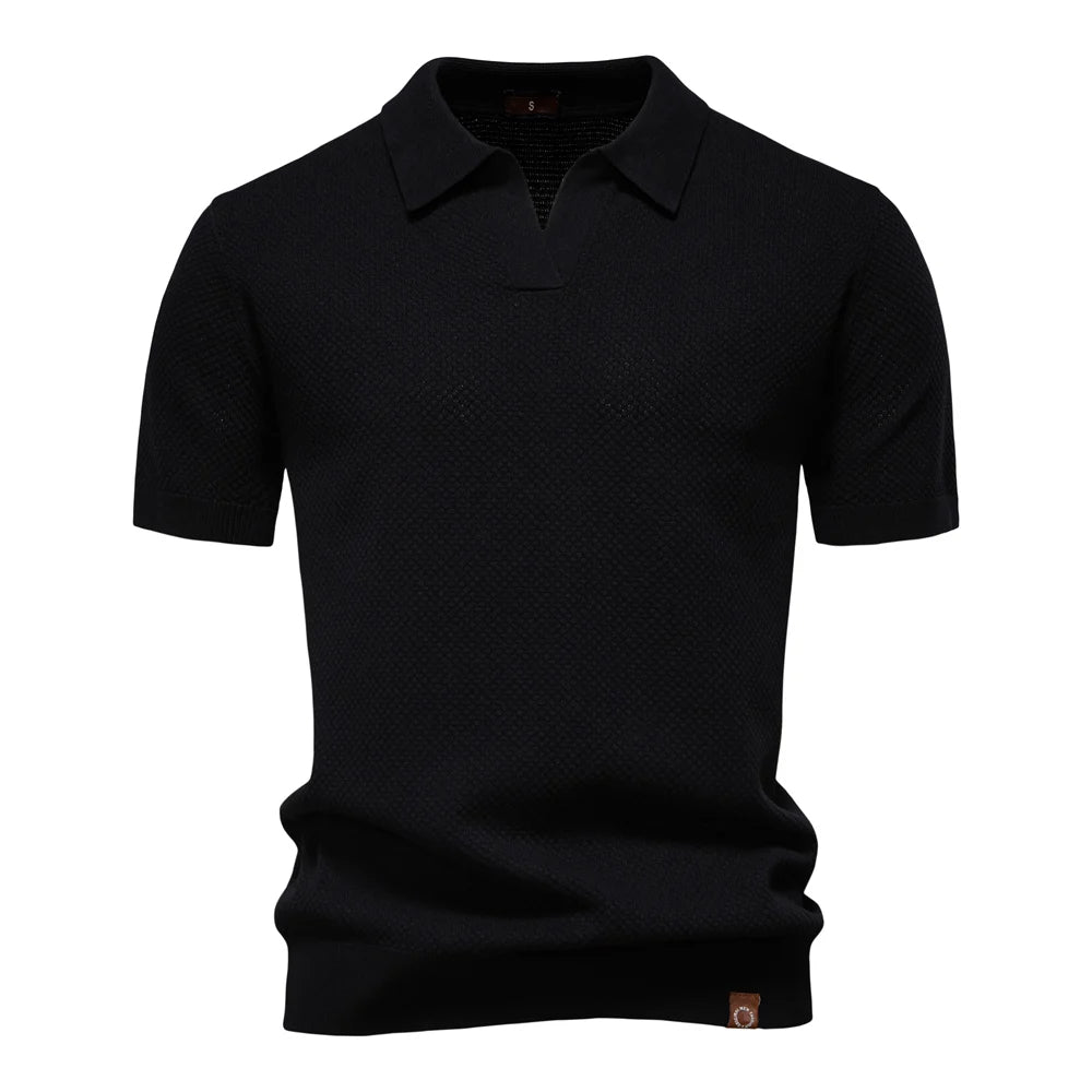 Kortärmad textured polo shirt med öppen knappslå krage