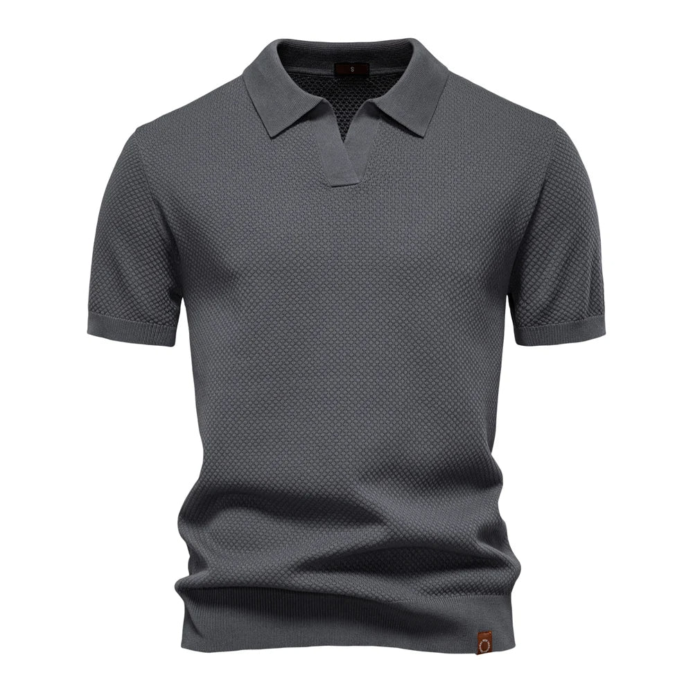 Kortärmad textured polo shirt med öppen knappslå krage