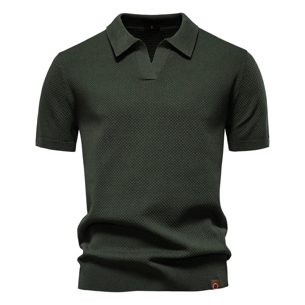 Kortärmad textured polo shirt med öppen knappslå krage