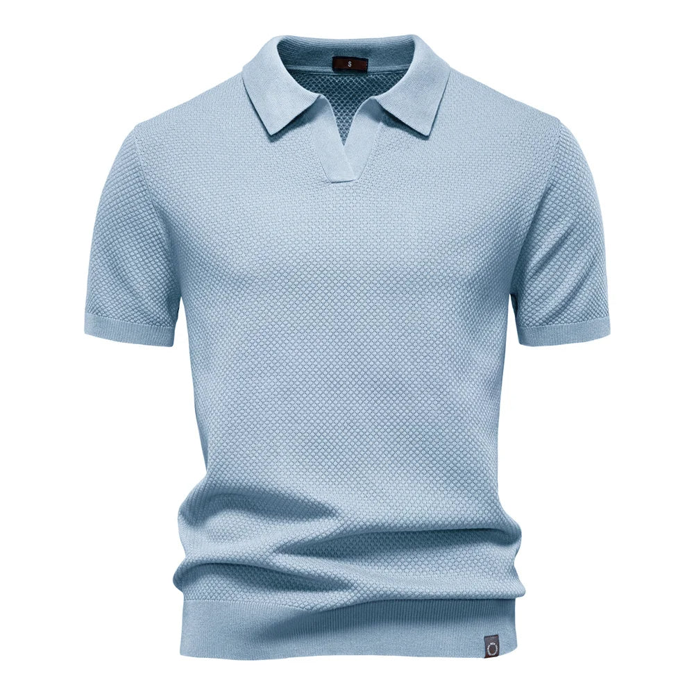 Kortärmad textured polo shirt med öppen knappslå krage