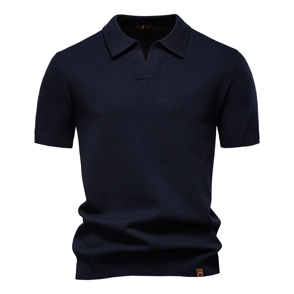 Kortärmad textured polo shirt med öppen knappslå krage
