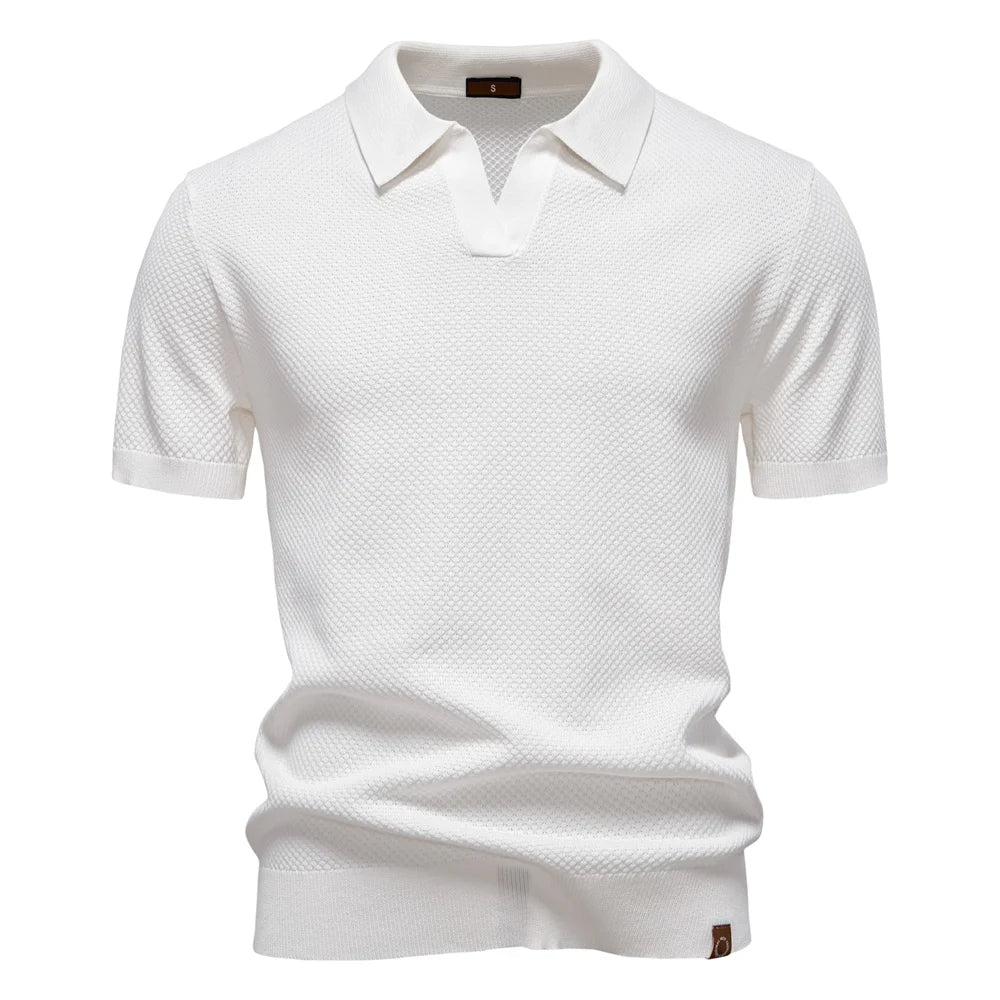 Kortärmad textured polo shirt med öppen knappslå krage