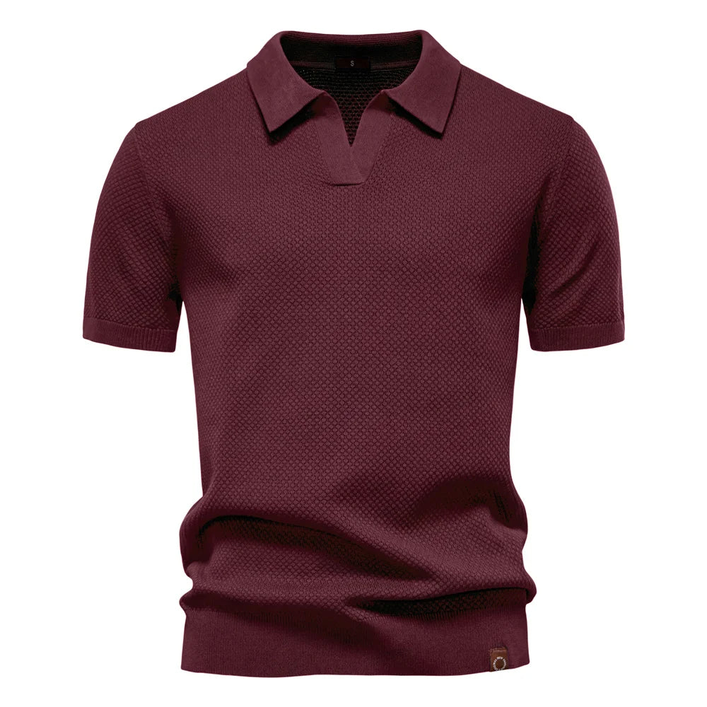 Kortärmad textured polo shirt med öppen knappslå krage
