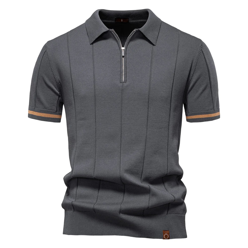 Enfärgad stickad zip polo shirt slim fit