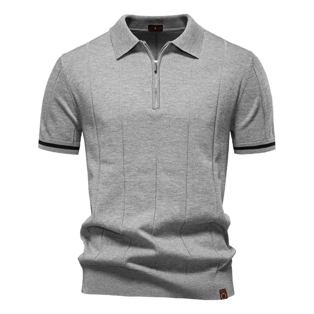 Enfärgad stickad zip polo shirt slim fit