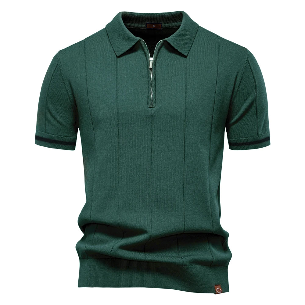 Enfärgad stickad zip polo shirt slim fit