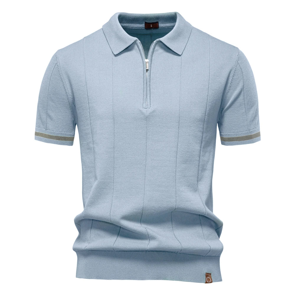 Enfärgad stickad zip polo shirt slim fit