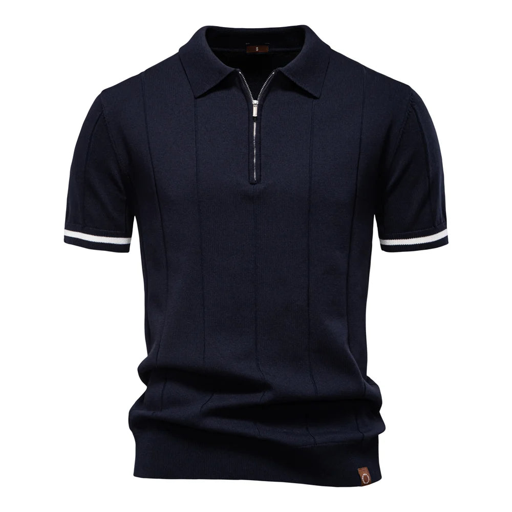 Enfärgad stickad zip polo shirt slim fit