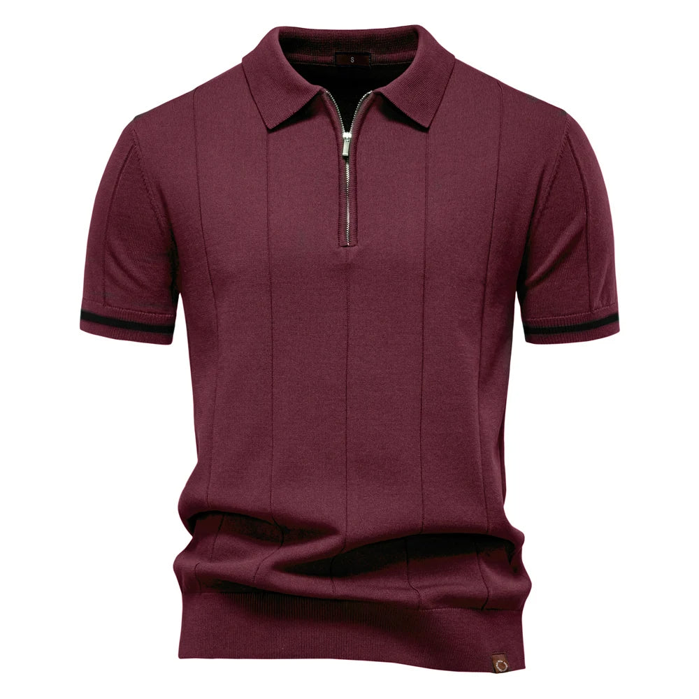 Enfärgad stickad zip polo shirt slim fit